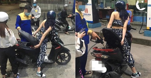 Đến trạm đổ xăng, cô gái ngồi yên trên xe máy để mặc cho nhân viên rơi vào tình huống “khó xử”